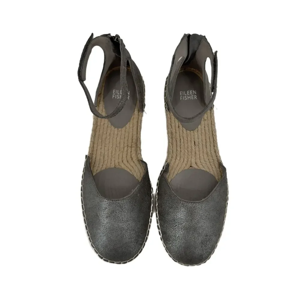 NEW Eileen Fisher Lala Espadrille Flats size 9 Gunmetal Silver Metallic Leather